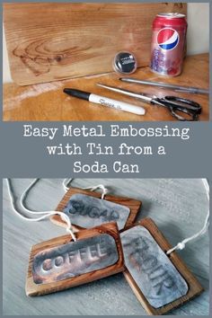 some metal embossing with tin from a soda can are on the table next to scissors and other items