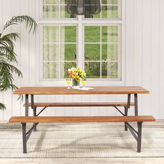 This patio picnic table and bench set is made of high-density acacia wood and sturdy metal frame, which can accommodate 6 people together at the same time. It comes in 2 boxes, with clear instructions for easy assembly. The tabletop and each bench can hold a significant amount of weight, and there is ample room under the table for convenient storage. The set is designed with a 2" umbrella hole to fit most patio umbrellas, making it perfect for outdoor leisure time under the shade. With a compact size, it is ideal for places with limited space. BABOOM 71-in Brown Wood Rectangle Picnic Table | BOM-465+-CO Patio Picnic Table, Outdoor Picnic Table, Picnic Table Bench, Wooden Picnic Tables, Patio Benches, Patio Picnic, Table And Bench Set, Bench Set, Outdoor Picnic Tables