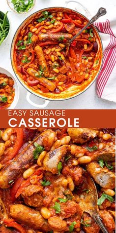 an easy sausage casserole is shown in two different pans, with the title above it