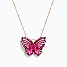 Nature 14K Rose Gold Pink Sapphire Ruby and Diamond Butterfly Pendant Diamond Butterfly, Gem Diamonds, Rose Gold Pink, Effy Jewelry, Colored Gems, Diamond Shop, Precious Gems, Pendant Rings, Butterfly Pendant