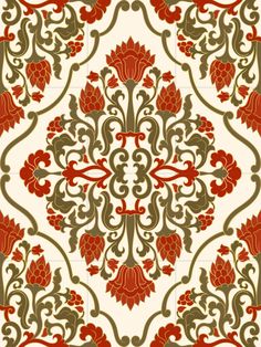 an ornate wallpaper pattern with red and green accents on cream background, suitable for use in interior or exterior design