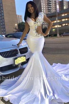 Sweep Train Prom Dress, White Mermaid, V Neck Prom Dresses, Beaded Prom Dress, Prom Girl, Rhinestone Dress, Satin Prom Dress