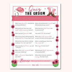 a question card with pink flowers and cowboy boots on the bottom, which reads quiz the groom