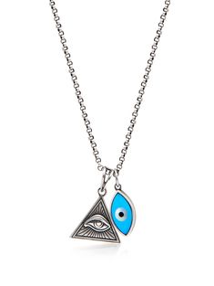 Pendants in 925 Sterling Silver Turquoise Enamel Chain in Stainless Steel with Vintage Silver Finish Handmade in Los Angeles Product Code: MNEC_081 Designer's NotesStrung by hand in our LA studio with a sterling silver Evil Eye and Eye of Ra pendant - both strong symbols for protection and good health. Wear this unique piece solo or layered.Please note that all our pieces are crafted by hand and one-of-a-kind, and may therefore vary slightly in size, shape, and color. Healing Powers Silver Like Evil Eye Locket, Symbols For Protection, Eye Locket, Strong Symbol, Ancient Egyptian Symbols, Eye Of Ra, 20 Inch Necklace, Mens Silver Necklace, Evil Eye Pendant