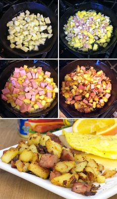 four pictures show different types of food being cooked