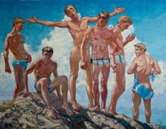 a painting of four men standing on top of a mountain with their hands in the air