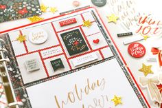 a close up of a christmas card with lots of holiday decorations on the inside and outside