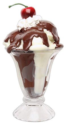 an ice cream sundae with chocolate sauce, whipped cream and a cherry on top