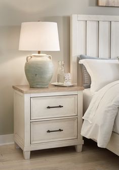 Shaybrock White Nightstand - Ornate Home Simple White Furniture Bedroom, White With Wood Top Nightstand, White Nightstand With Wood Top, Night Stand Refinishing Ideas, Light Bedroom Furniture Ideas, 2 Tone Nightstand, Nightstand With Usb Port, Cream Nightstand Bedside Tables, Coastal Bedroom Furniture Ideas