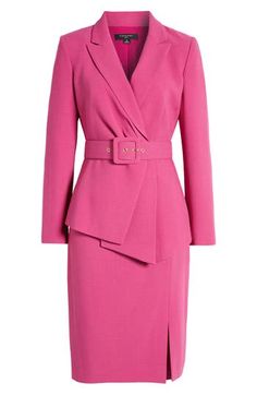 This tailored jacket is designed with a matching belt and a pared-back ruffle, while a simple straight-cut skirt completes the polished look. Jacket has notched lapels; long sleeves Lined 96% polyester, 4% elastane Dry clean Imported Classic Fitted Outerwear With Belt Detail, Elegant Notch Lapel Outerwear With Belt, Tailored Long Sleeve Blazer With Belt, Tailored Formal Outerwear With Belt Detail, Fitted Outerwear With Belt Detail For Workwear, Tailored Belted Blazer For Formal Occasions, Fitted Long Sleeve Blazer With Belt, Chic Fitted Outerwear With Belt Detail, Fitted Blazer With Belt Detail For Work