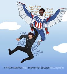 captain america and the winter soldier are flying in the sky together with words written on them