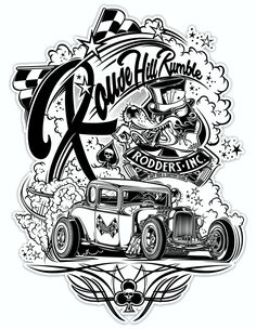 an old time car with the words rock and roll rumble on it's side