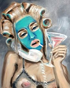 a painting of a woman with blue face paint holding a martini glass in her hand