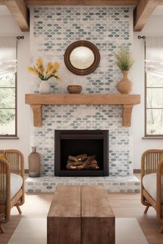 a living room filled with furniture and a fire place in front of a wall mounted fireplace