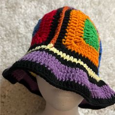 Nwot Crochet Multi Colored Cap Multicolor Wide Brim Crochet Hat, Casual Multicolor Crochet Hat With Curved Brim, Colorful Crochet Casual Hats, Multicolor Crochet Winter Hat For Vacation, Multicolor Crochet Hat For Winter Vacation, Retro Multicolor Crochet Hat, Purple Crochet Yarn Hat, Purple Adjustable Crochet Hat, Casual Purple Crochet Hat