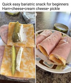 two pictures showing different types of food on plates, one with cheese and the other with pickles