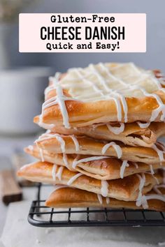 a stack of gluten - free cheese danish pancakes with icing on top