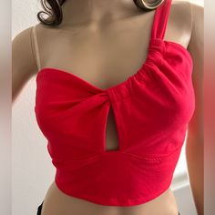 This Cute Bright Red One Shoulder Strap Crop Top Has A Key Hole Peek-A-Boo Cleavage. The Strap Is Adjustable. Size M 56% Cotton 38% Polyester 6% Spandex Red Crop Top With Built-in Bra For Party, Red Summer Evening Crop Top, Red Party Crop Top With Built-in Bra, Casual Party Crop Top With Built-in Bra, Trendy Red Crop Top For Party, Red One-shoulder Party Top, Red Crop Top With Built-in Bra For Night Out, Trendy Red Crop Top With Built-in Bra, Casual Red One-shoulder Top