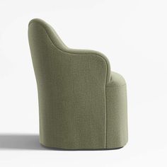 an upholstered chair with a curved back and foot rest, viewed from the side