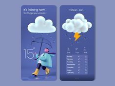 two vertical banners with cartoon characters holding umbrellas in the rain and lightning above them