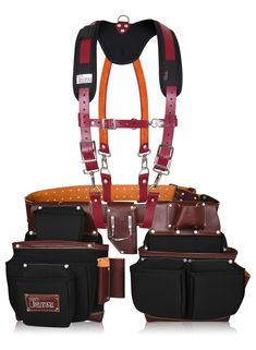 an orange and black leather harness with multiple pockets on the front, two brown suspenders and