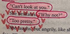 two pink hearts are drawn on a piece of paper that says, can't look at you