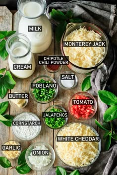 the ingredients to make cheese salad are shown in bowls