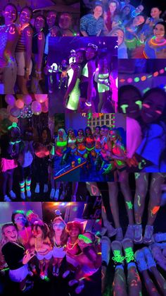 the collage shows many different images of people in neon outfits