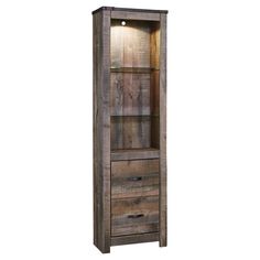 a tall wooden cabinet with two drawers