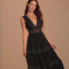 Beautiful Black Lace Maxi Dress, Size Small. Special Occasion Tag On The Dress. Tried On Only. Black Lace Patchwork Maxi Dress For Summer, Black Maxi Dress With Lace Patchwork For Summer, Black Maxi Dress With Lace Patchwork For Spring, Black Lace Patchwork Maxi Dress For Spring, Spring Black Maxi Dress With Lace Patchwork, Black Bohemian Maxi Dress With Lace Trim, Chic Black Maxi Dress With Lace Patchwork, Black Lace Trim Beach Maxi Dress, Black Lace Trim Maxi Dress For Beach