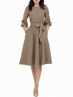 Timeless Comfortable Maxi Dress with Waistline Accentuating Design Comfortable Maxi Dresses, Womens Wrap Dress, Corporate Outfits, Long Sleeve Gown, Miss Dress, Elegant Dresses Long, Crewneck Dress, Khaki Dress, Flowy Skirt