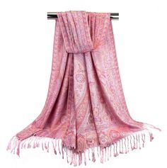 "Light weight pink reversible floral pashmina scarves for women Elegant and cool colors equally good for summer and winters. Soft and silky material to touch. Oversized wraps can be worn in many ways around your neck, over the head, beach cover up or as a drape. Ideal gift for any one. ~~Item details~~ Quantity: 1 rectangular long scarf Material: viscose jacquard Length: approx. 76.5 inches ( 195 cm) Width: approx. 27.5 inches ( 70 cm) Fringes: 3\" on both ends ~~Care Instructions~~ Gentle cold Luxury Pashmina Shawl For Wedding, Luxury Festive Pashmina Shawl With Cutdana, Luxury Unstitched Pashmina Shawl For Wedding, Pink Shawl Scarf, Pink Pashmina Shawl Scarf, Pink Pashmina Shawl For Wedding, Pink Pashmina Shawl, Pink Bohemian Pashmina Shawl, Pink Bohemian Silk Shawl Scarf