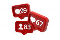 two red speech bubbles with white numbers and hearts on them, set against a white background