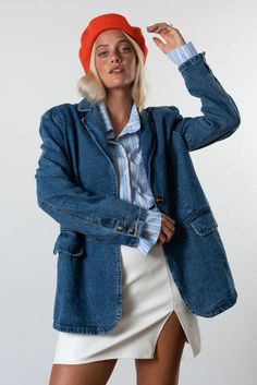 Frankie Oversized Denim Blazer | Shop Resurrection Model Photoshoot Poses, Modeling Photoshoot, Outfits Edgy, Hadid Style, Mini Dress Fashion, Minimal Outfit, Denim Blazer, Night Out Outfit, Hottest Fashion Trends