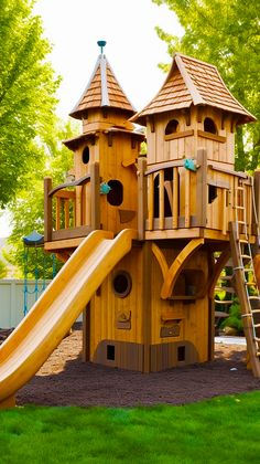 a wooden play structure with a slide in the grass