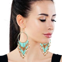 Turquoise and Gold Bead Fringe Circle Earrings Bead Fringe, Metal Fish, Turquoise And Gold, Beaded Cuff, Fish Hook Earrings, Fashion Jewelry Earrings, Beaded Fringe, Circle Earrings, Fish Hook