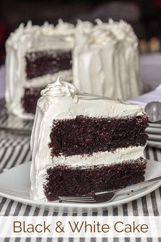 a slice of black and white cake on a plate