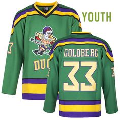 Youth Greg Goldberg #33 Original Mighty Ducks Jersey MOLPE Greg Goldberg, Dean Portman, Mighty Ducks Jersey, Gordon Bombay, Green Movie, Charlie Conway, Ducks Hockey, The Mighty Ducks, Duck Logo