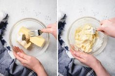 two pictures showing hands holding a fork and mixing ingredients in a glass bowl with butter