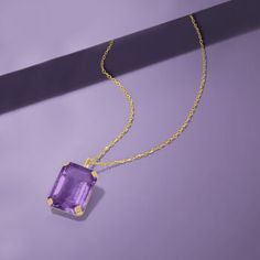 Ross-Simons - 10.00 Carat Amethyst Pendant Necklace in 14kt Yellow Gold. 18". Completely captivating in its simplicity, this fabulous 10.00 carat emerald-cut amethyst pendant necklace radiates with regal color and a take-notice presence. You'll love the elegant touch it adds to any look. Crafted in 14kt yellow gold. Cable chain with 2" extender. Springring clasp, amethyst pendant necklace. Amethyst birthstones are the perfect gift for February birthdays. Elegant Purple Necklace, Gold Amethyst Jewelry With Diamond Cut, Formal Amethyst Baguette Cut Jewelry, Formal Baguette Cut Amethyst Jewelry, Elegant Amethyst Jewelry With Rectangular Stone, Baguette Cut Amethyst Jewelry As A Gift, Amethyst Baguette Cut Jewelry For Gift, Elegant Amethyst Baguette Cut Jewelry, Baguette Cut Amethyst Jewelry Gift