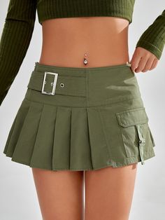 Verde Militar Casual Collar  Tecido Simples Plissado Embellished Não elástico How To Style A Denim Skirt, Como Fazer Short, Denim Skirt Fashion, Denim Skirt Outfits, Clueless Outfits, Women Bottoms, Long Denim Skirt, Pastel Outfit, How To Style Bangs