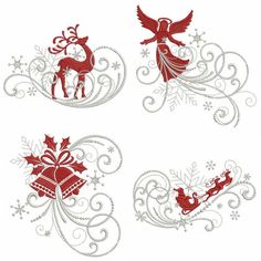 three red and white christmas decorations with reindeers, bells and snowflakes on them