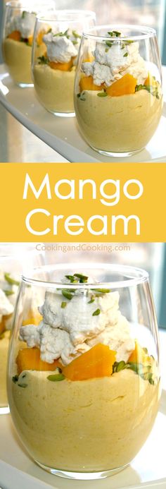 mango cream in a glass bowl on a white plate with the words mango cream above it