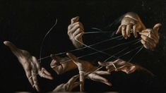 a painting of hands holding strings and pointing them at the viewer's eye with their fingers