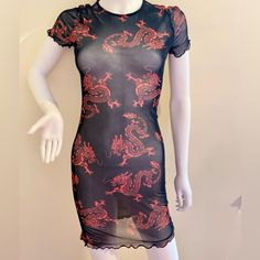 Brand New Condition/ No Tags Size Medium (Us: 7 Can: 9) Features: Mesh Mini Dress, Red Dragon Print Design, High Neck, Short Sleeve, Lettuce Edge Trim, Stretch, Date Night Attire, Transparent Material: 92% Polyester 8% Spandex Bust: 36-37 Inches Waist: 28-29 Inches Hips: 39-40 Inches By Fashionnova Price Red Sheer Mini Dress, Red Sheer Mini Length Dress, Sheer Stretch Casual Dresses, Casual Stretch Sheer Dresses, Black Sheer Bodycon Summer Dress, Red Sheer Mini Dress For Spring, Casual Sheer Mini Dress For Date Night, Casual Sheer Mini Dress, Sheer Fitted Short Sleeve Dresses