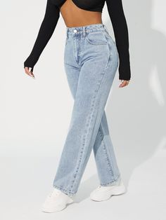 Light Wash    Denim Plain Straight Leg Embellished Non-Stretch  Women Denim Christmas Outfits Women, Streetwear Jeans, Moda Jeans, Womens Prom Dresses, Stylish Jeans, Jeans Casual, Light Blue Jeans, Thanksgiving Outfit, Women Denim Jeans