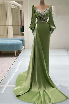 Olive Green Prom Dress, Long Sleeve Mermaid Prom Dress, Satin Formal Gown, Mermaid Gown Prom, Prom Dress With Train, Ruffle Beading, Dusty Sage, Mermaid Evening Gown, בר מצווה