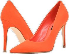 Chic Orange Heels, Orange Pointed Toe Heels With Sculpted Heel, Orange Heels With Sculpted Heel And Pointed Toe, Chic Orange Heels With Removable Insole, Orange Closed Toe Heels With Padded Heel, Orange High Heels For Work, Orange Heels For Work, Formal Orange Synthetic Heels, Chic Orange Heels For Work