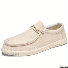 Russoo - Premium Mens Breathable Canvas Loafer Shoes: Solid Color Design, Lightweight with Anti-skid Sole, Ideal for Casual Wear Beige Casual Flat Bottom Loafers, Casual Lace-up Boat Shoes, White Lace-up Casual Boat Shoes, Casual White Lace-up Boat Shoes, Casual Lace-up Loafers With Textured Sole, Casual Beige Slip-on Boat Shoes, Beige Flat Bottom Slip-ons Casual, Casual Beige Slip-ons With Flat Bottom, Mens Loafers Casual