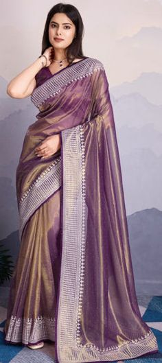 Purple and Violet color Saree in Organza Silk fabric with Embroidered, Resham, Thread work Luxury Purple Art Silk Salwar Kameez, Party Wear Traditional, Reception Lehenga, Engagement Reception, Traditional Saree, Violet Color, Waist Chain, Traditional Sarees, Thread Work